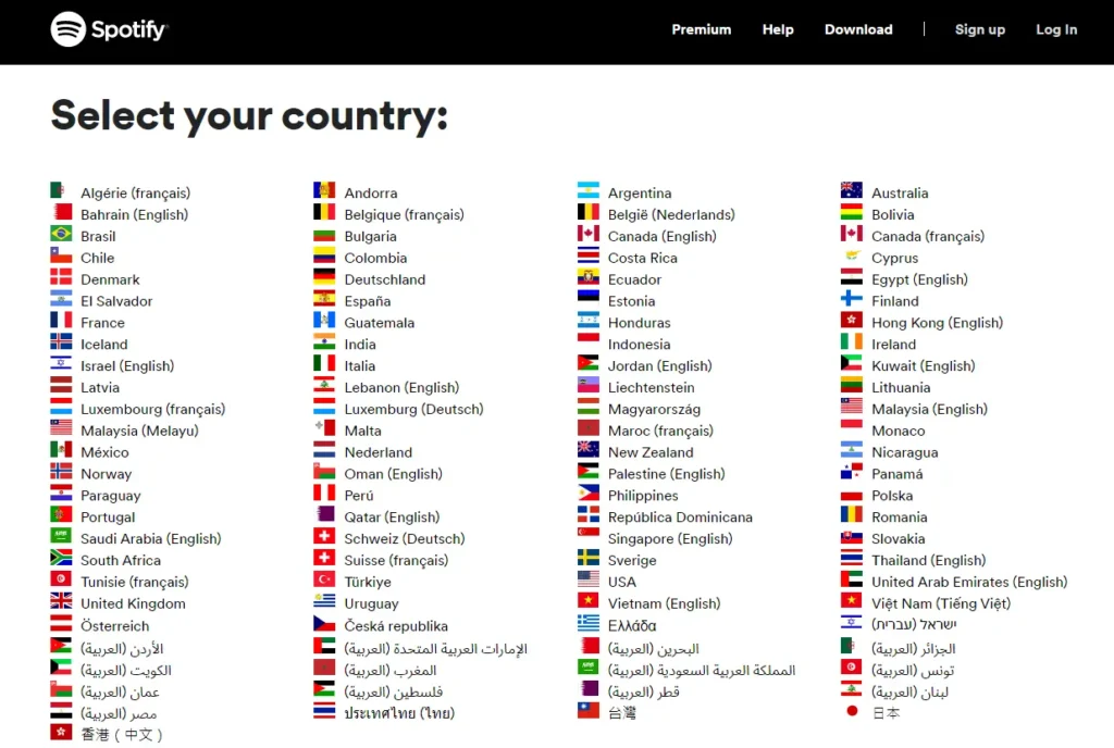 Spotify Navigation menu featuring country flag icons
