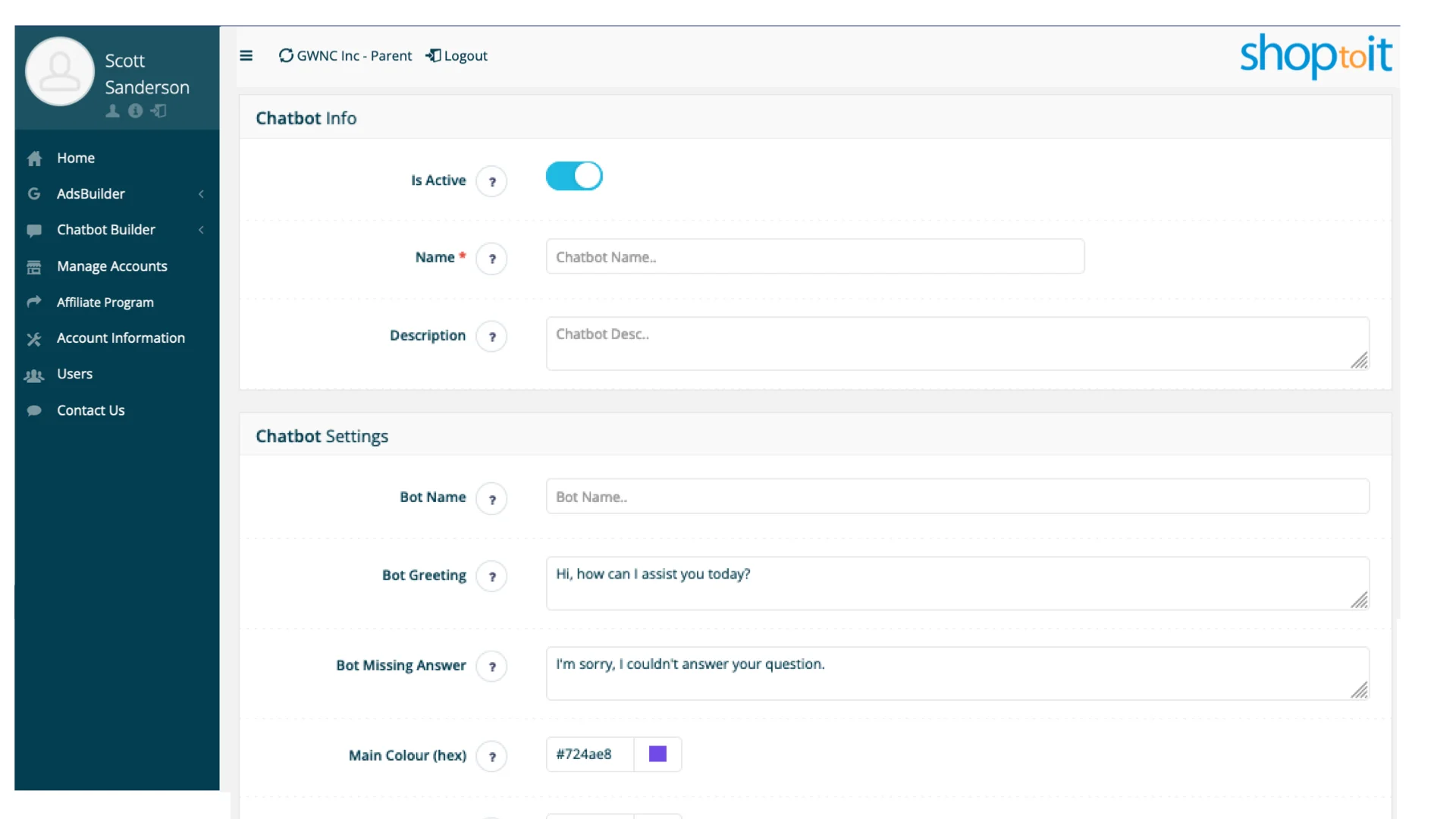 Chatbot Settings feature for creation of Chatbot