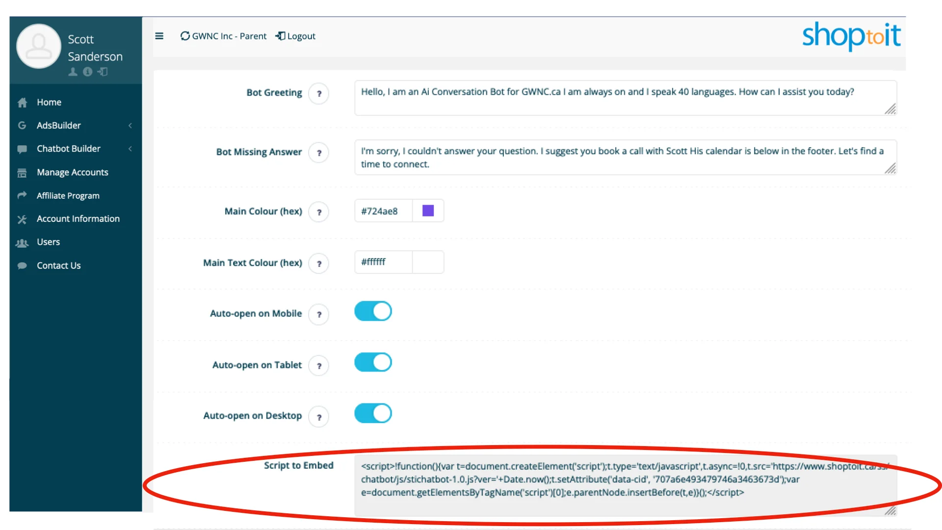 Script to Embed Chatbot