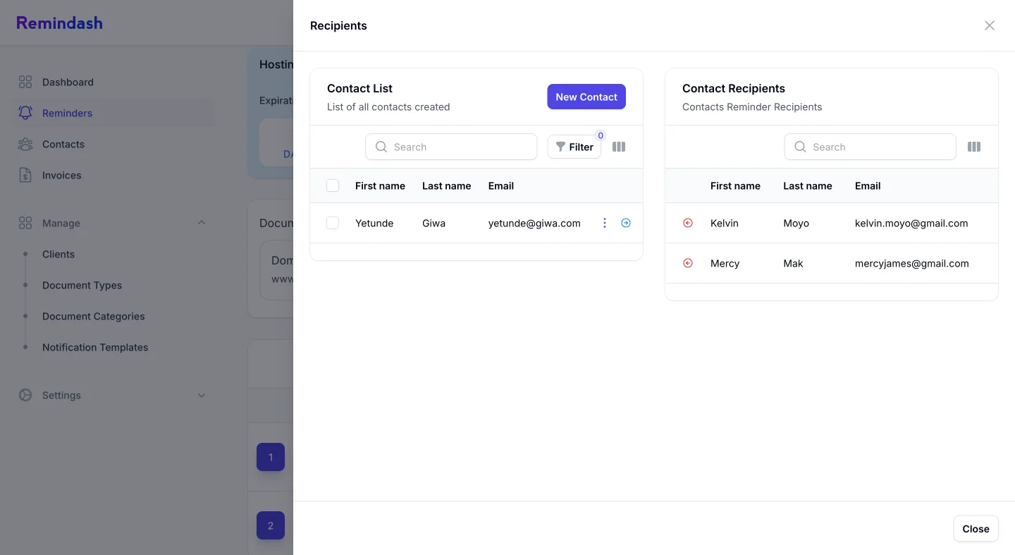 Contact Recipients Feature Remindash - Expiration Reminder Software