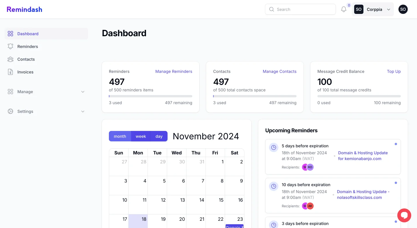 Dashboard UI Of Remindash - Expiration Reminder Software