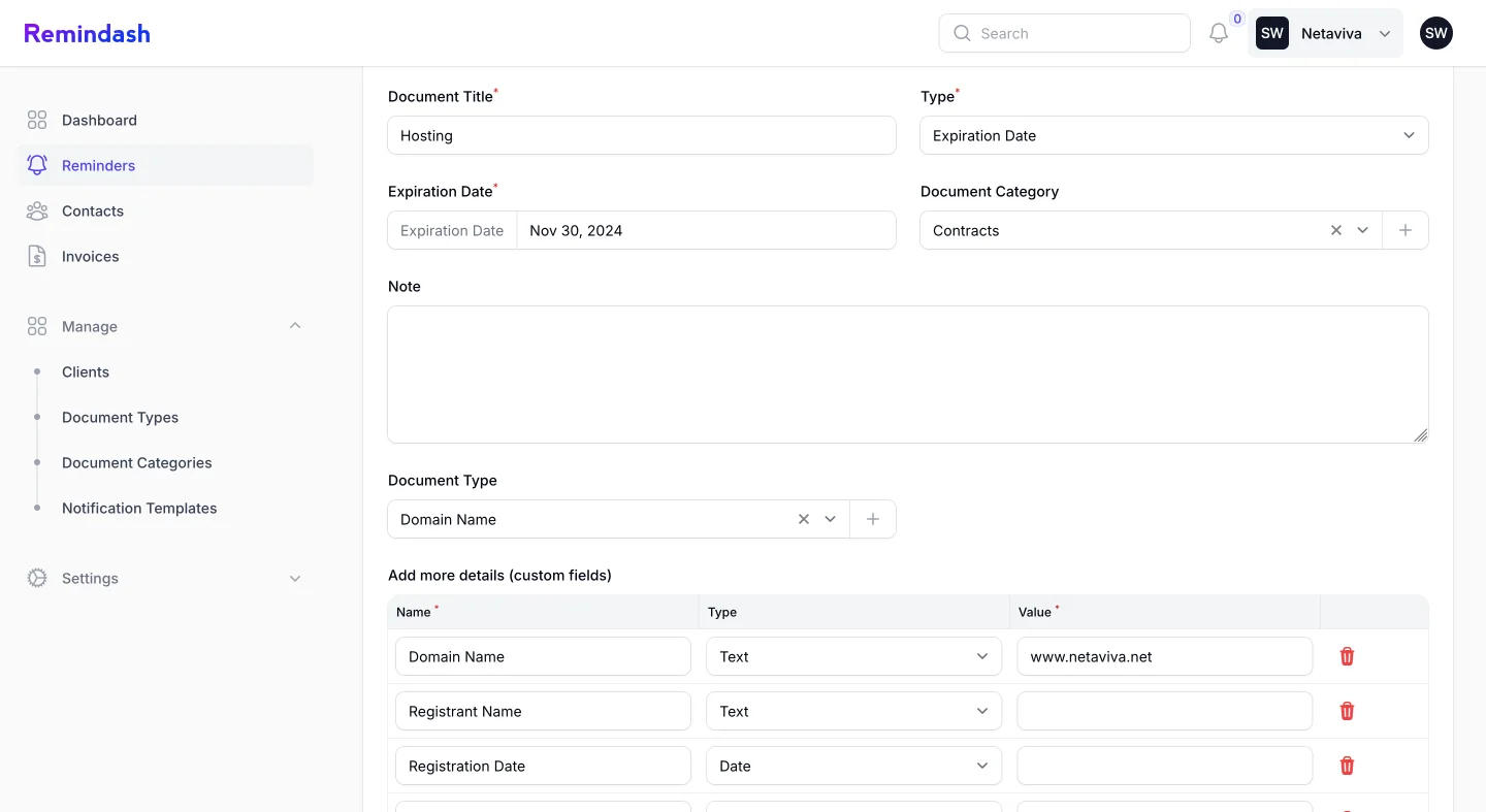 Set Reminder Settings of Remindash - Expiration reminder Software