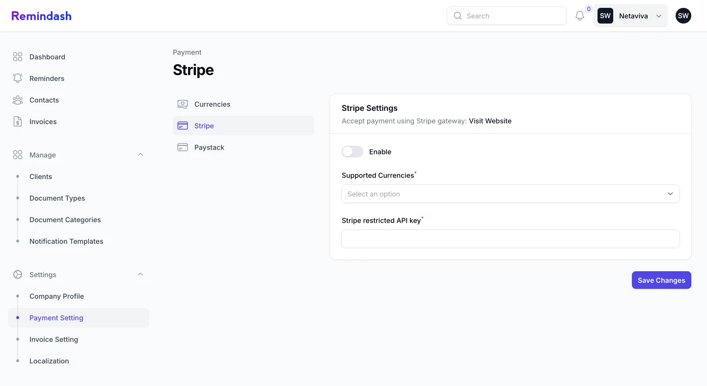 Stripe Settings Features of Remindash