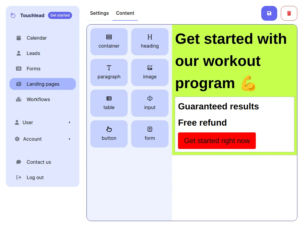 Landing Page Builder Feature Of Touchlead - All-In-One Marketing Platform