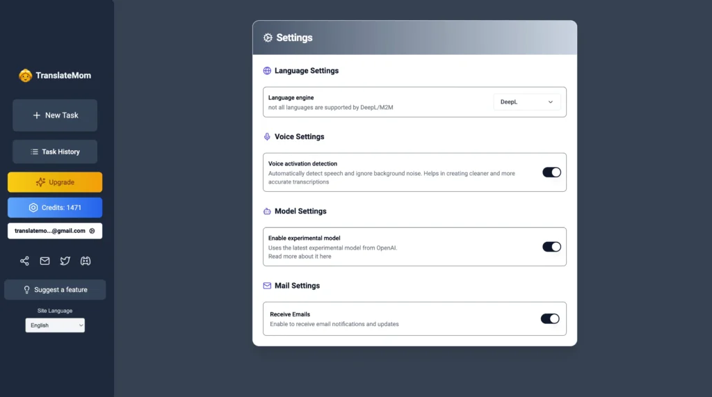 TranslateMom - Audio Video Translator Language Settings Dashboard UI