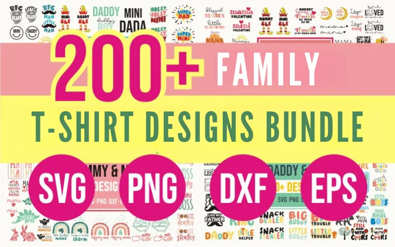 Collage of family T-shirt designs included in the bundle