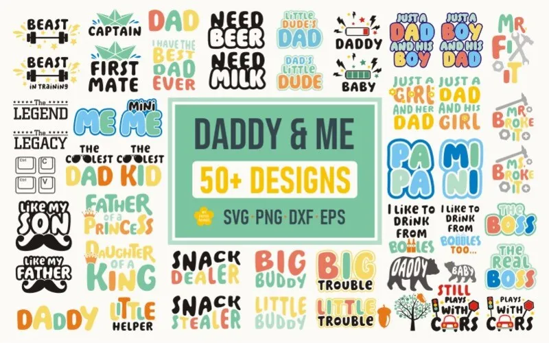 Preview of dad and me t-shirt designs included in the bundle