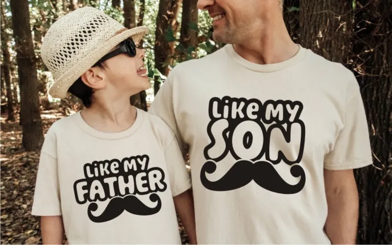 A preview of the like my son design printed on white t-shirts