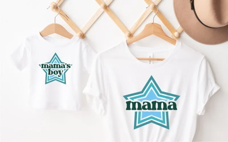 A preview of mama and mama's boy design printed on white t-shirts