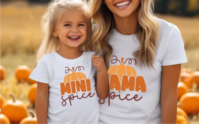 A preview of a mama and mini design printed on white t-shirts