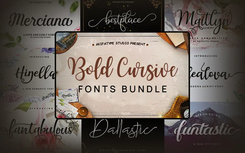 A collage of bold cursive fonts