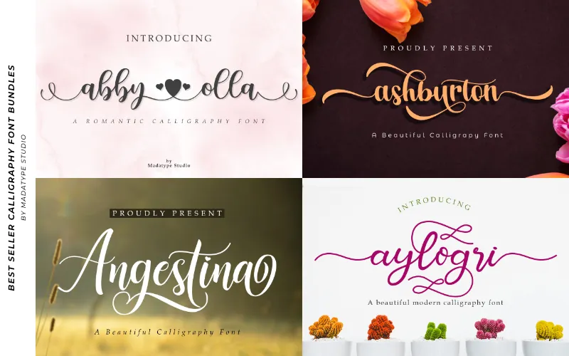 A collage of the beautiful calligraphy typefaces included in the bundle