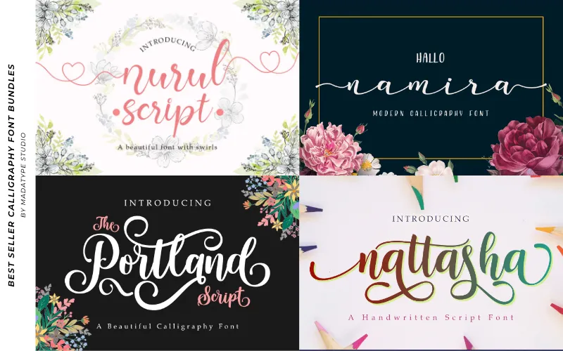 A collage of the beautiful calligraphic scripts included in the bundle