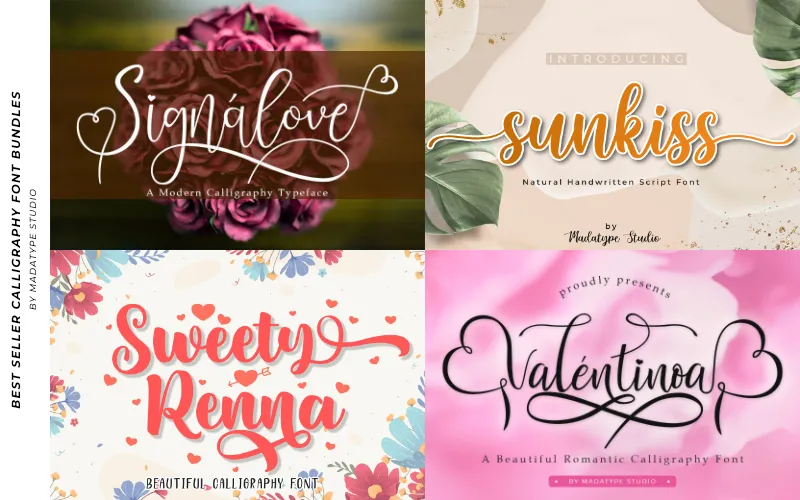 A collage of the best calligraphy fonts included in the bundle