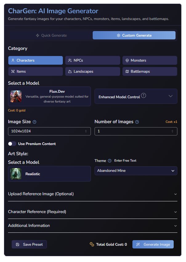 Character Generator Dashboard UI Of Chargen - AI Fantasy Generator