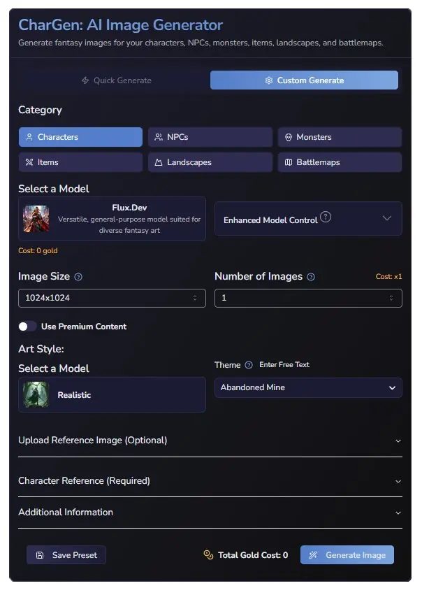 Character Generator Dashboard UI Of Chargen - AI Fantasy Generator
