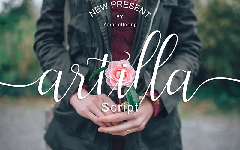 A preview of the elegant script font Artilla included in the bundle