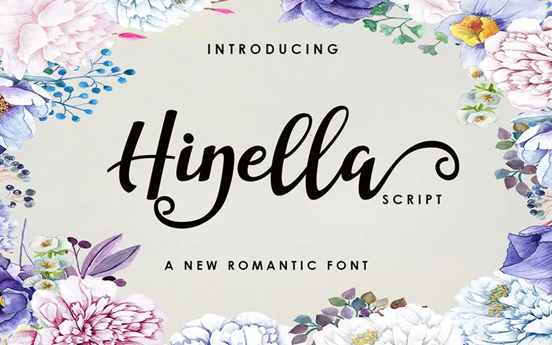 A preview of Hinella - a bold romantic font included in the bundle