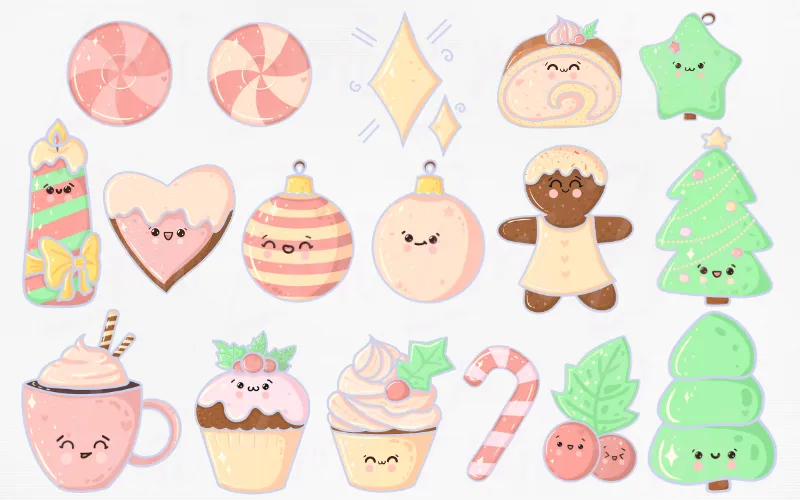 Preview of kawaii Christmas clipart elements