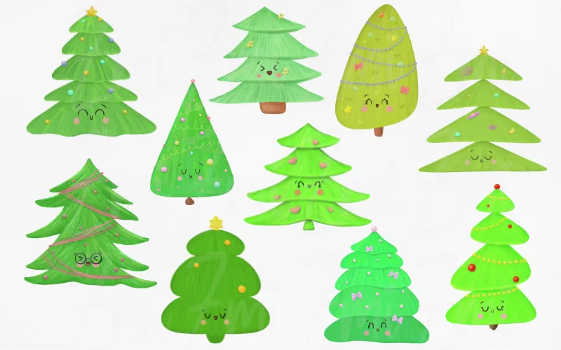 Preview of kawaii Christmas trees elements