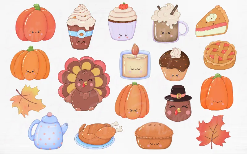 Preview of kawaii thanksgiving clipart elements