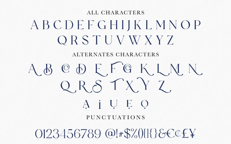 A preview of the characters & symbols included in the Richard & Caroline font family