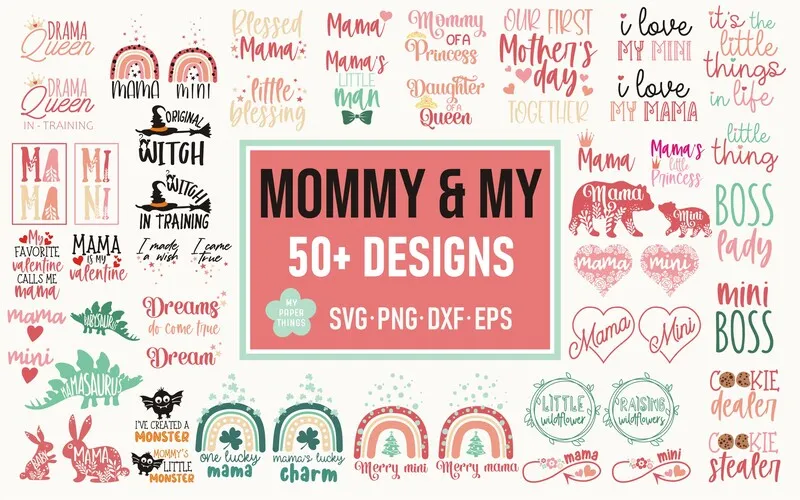 Preview of mother and daughter t-shirt designs included in the bundle