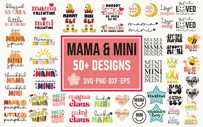 Preview of mom and me t-shirt designs included in the bundle