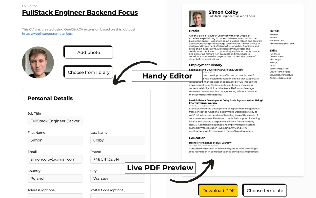 Create professional CV using templates feature of OneClick CV - Online CV Builder