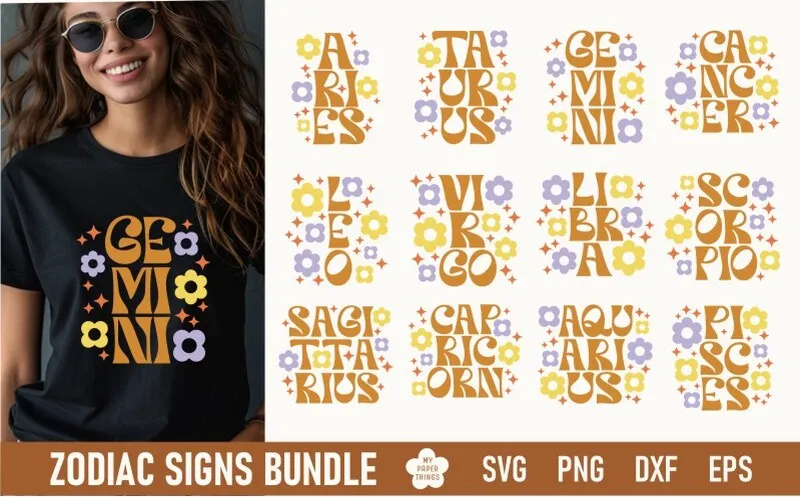 A preview of Retro Gemini Zodiac SVG Designs Bundle