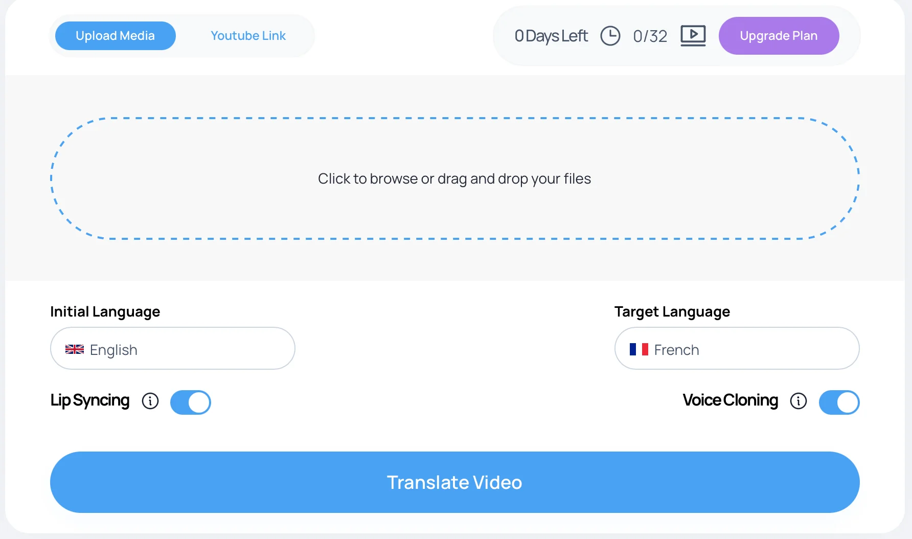 TranslateVideos - Video Translator Dashboard UI