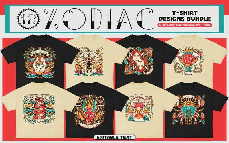 Zodiac tattoo style T-shirt design