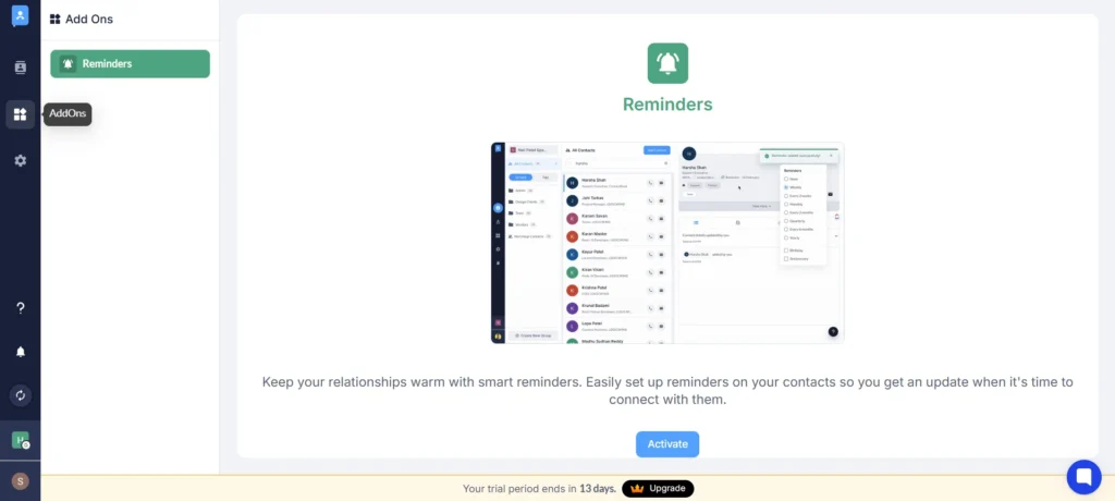 Smart Reminders Feature of ContactBook - Contact Management Software UI