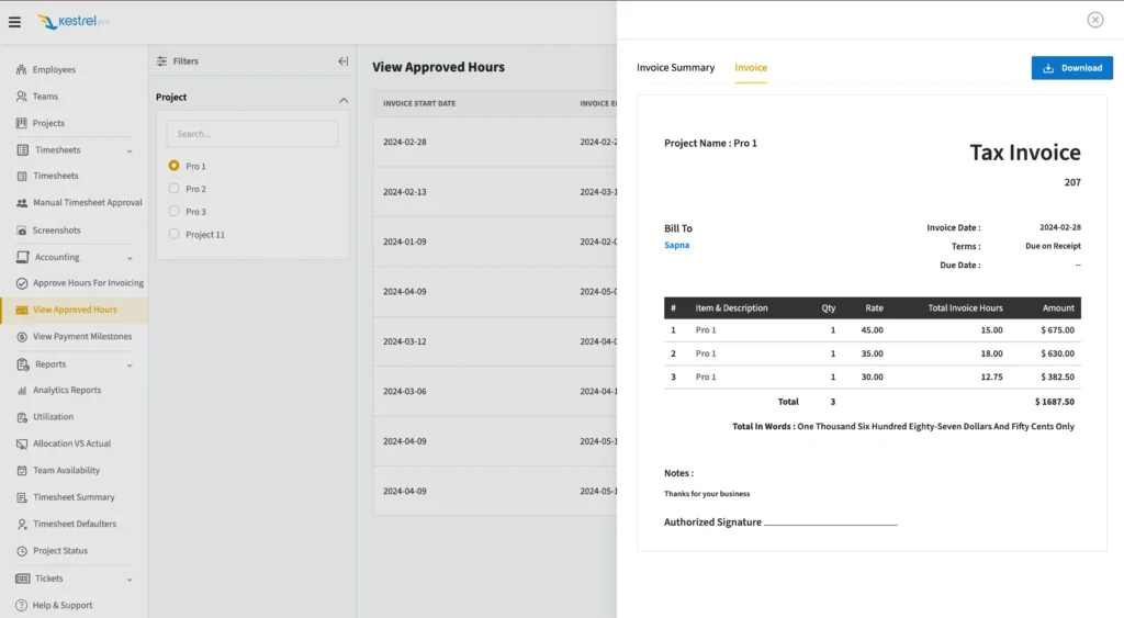 Tax Invoice Preview - KestrelPro- Business Management Solution