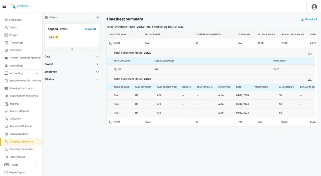 Timesheet summary feature of KestrelPro - Business Management Solution Preview