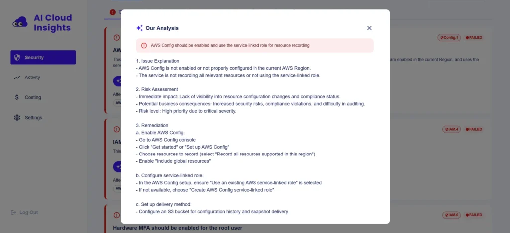 AWS Cloud Management AI Analysis Preview