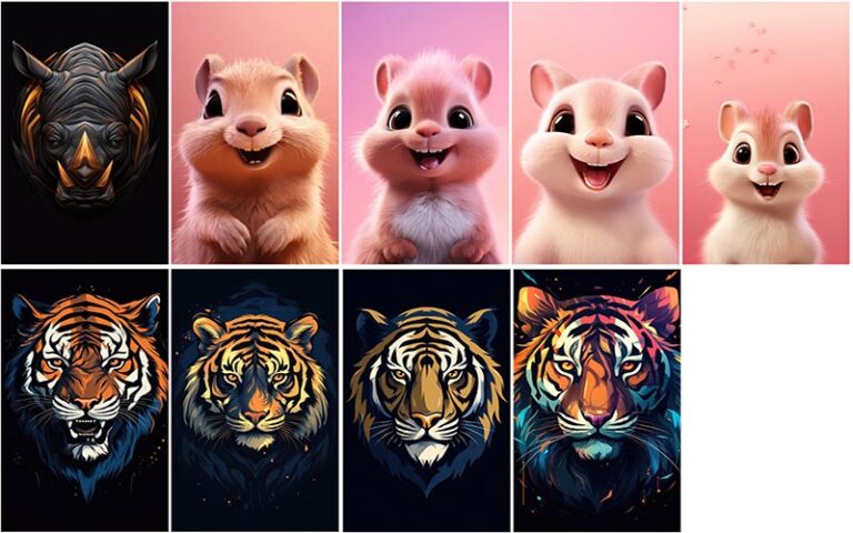 A collage of animal cartoon tiger and more