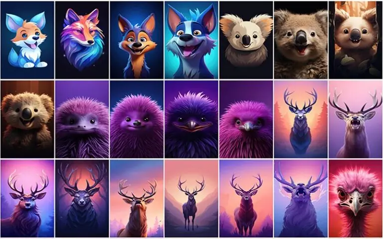 A collage of animated dog , bird and more