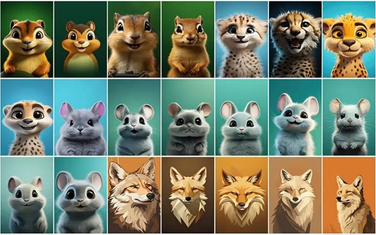 A collage of animated mouse , fox and more