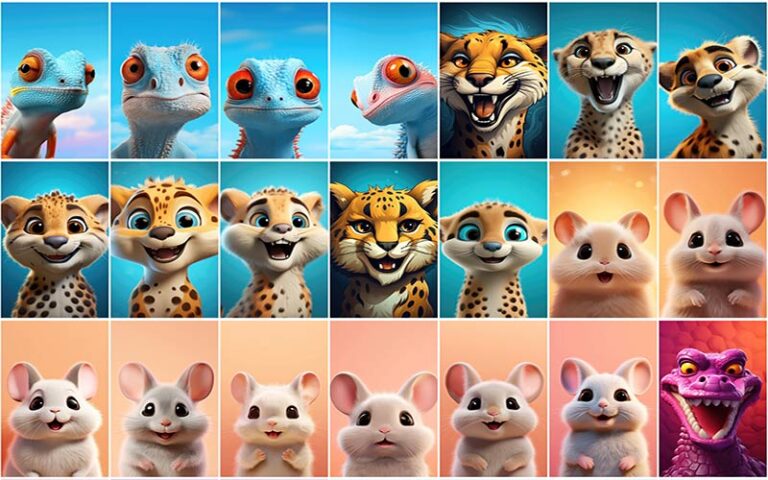 A collage of animated lizard , tiger and more