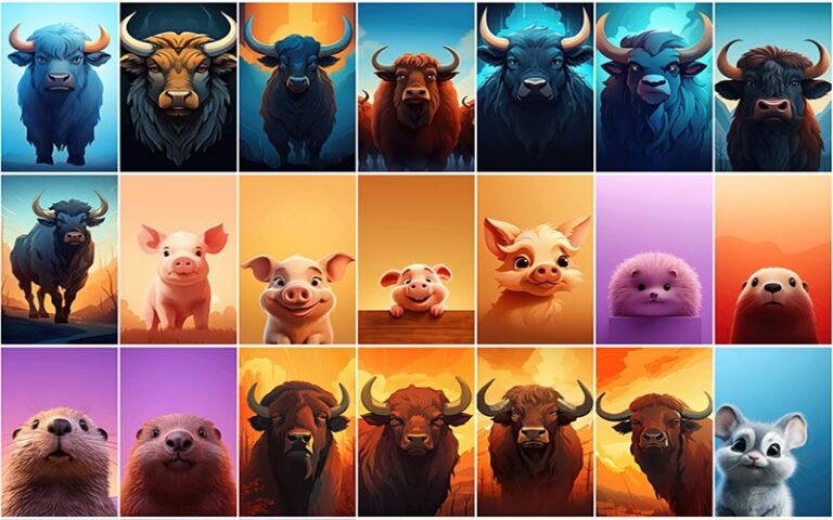 A collage of animated cow, boar and more