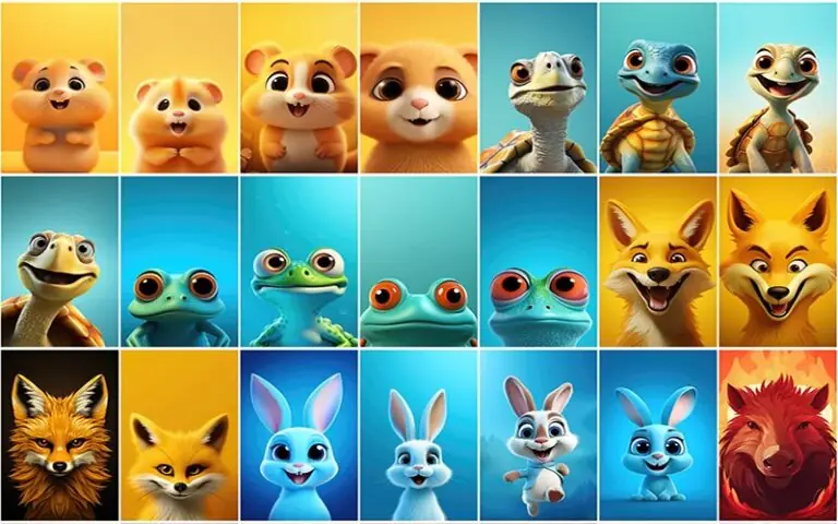 A collage of turtle cartoon, rabbit cartoon and more