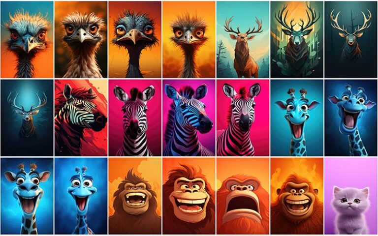 A collage of animated zebra , gorilla and more