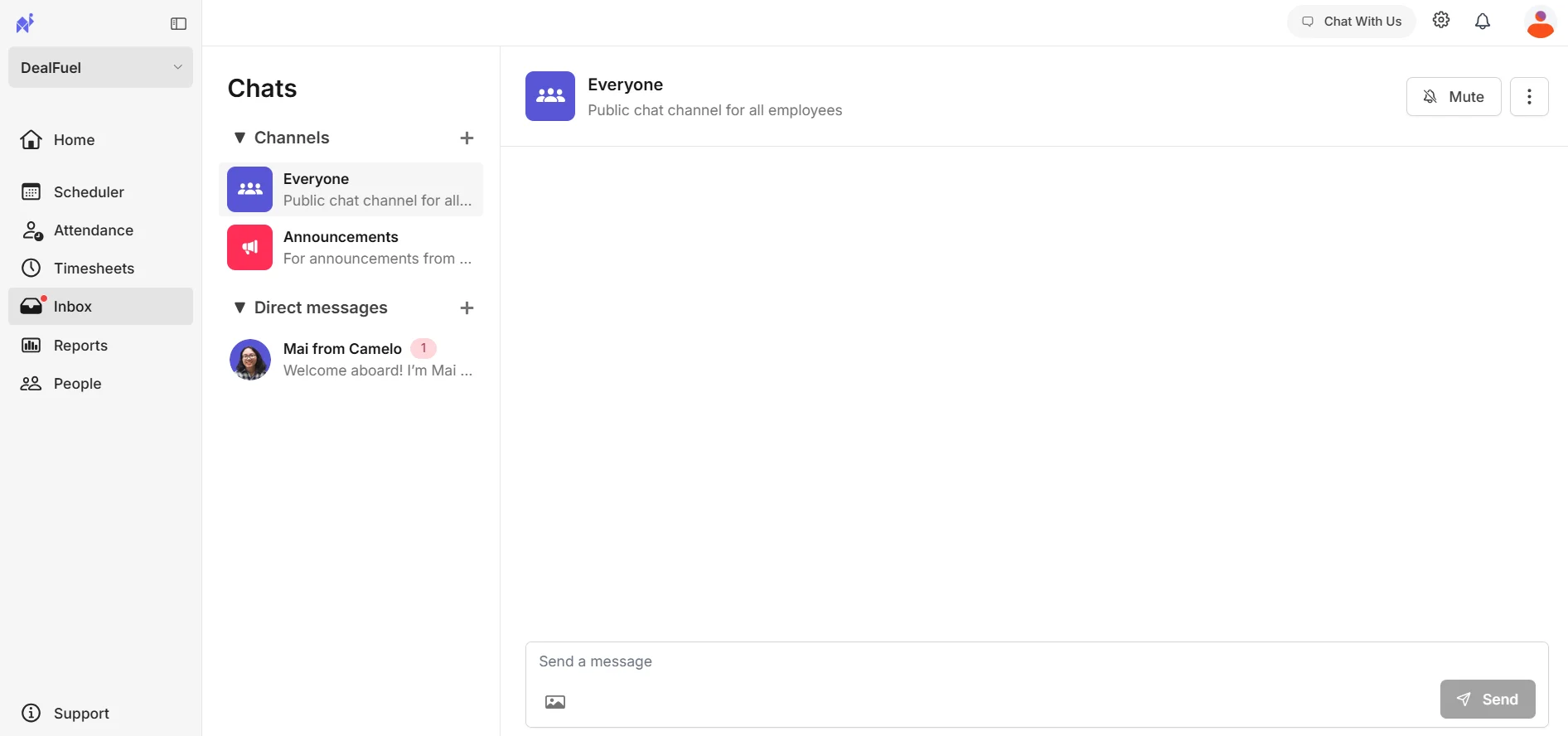 Camelo - Productivity Tracking Software Chat Inbox Feature