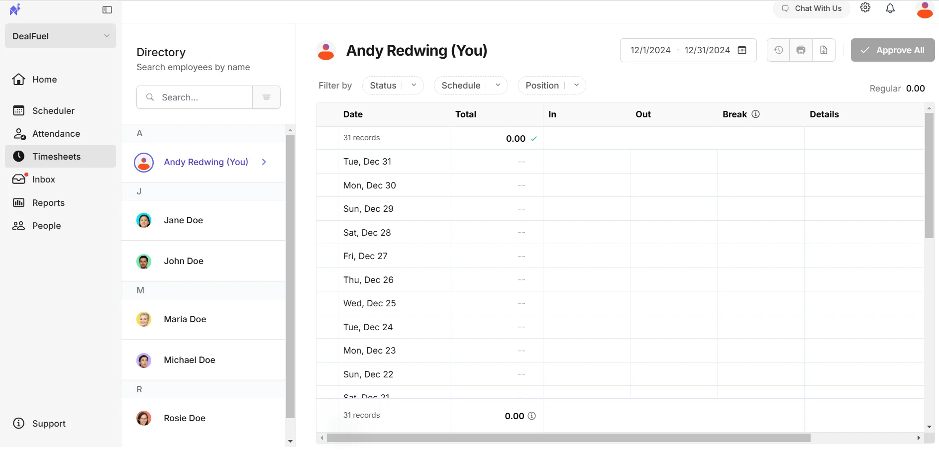 Timesheets UI of Camelo - Productivity Tracking Software