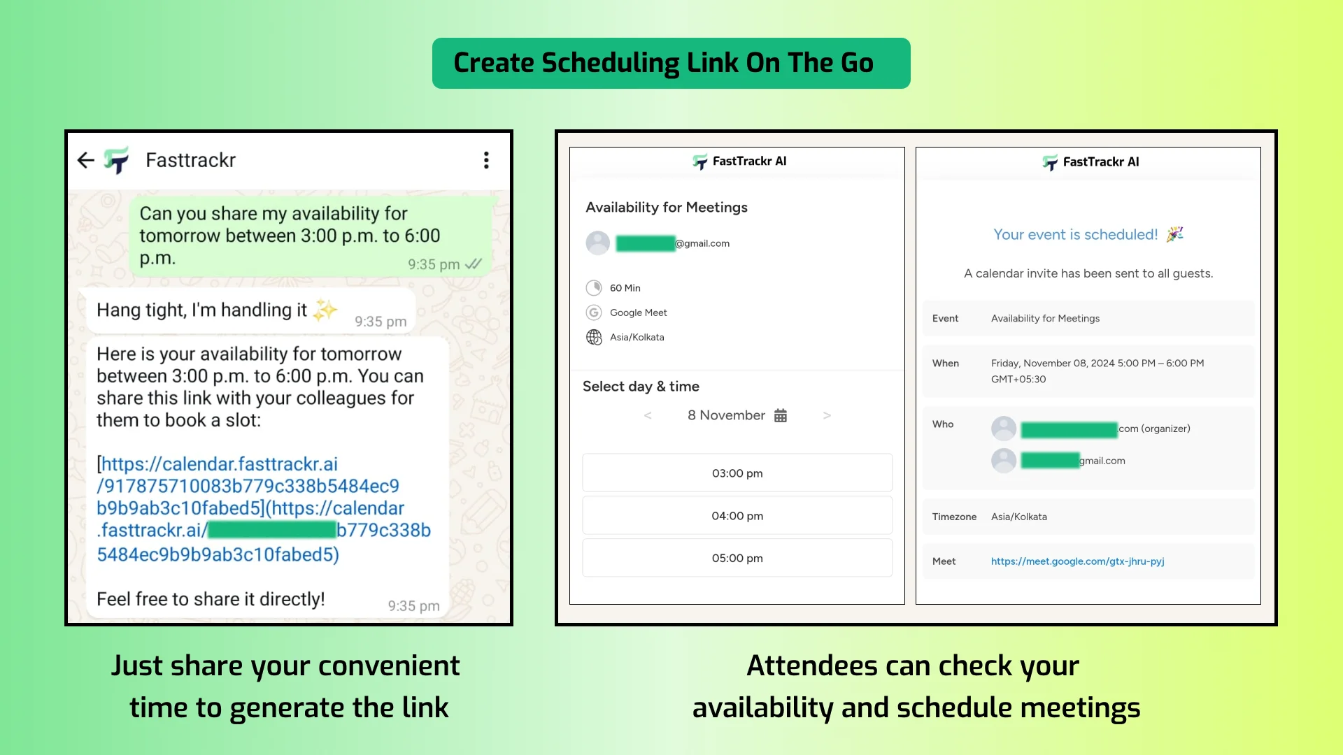 FastTrackrAI - Ai Executive Assistant - create scheduling link on the go