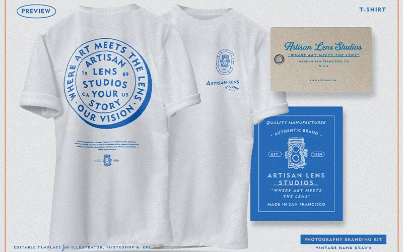 A preview of the photography t-shirt designs included in the bundle printed on white t-shirts