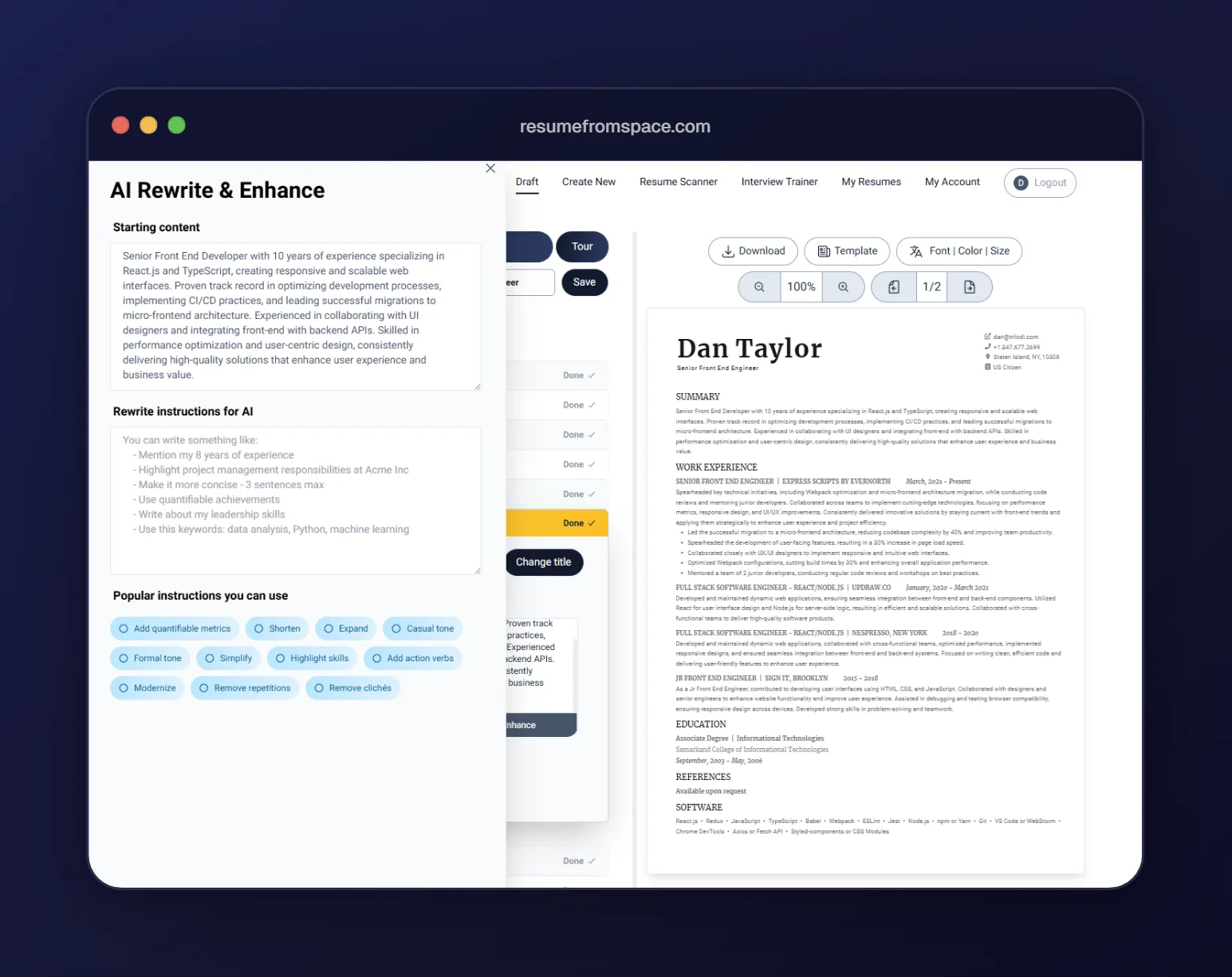 Rewrite And Enhance Resume Using AI