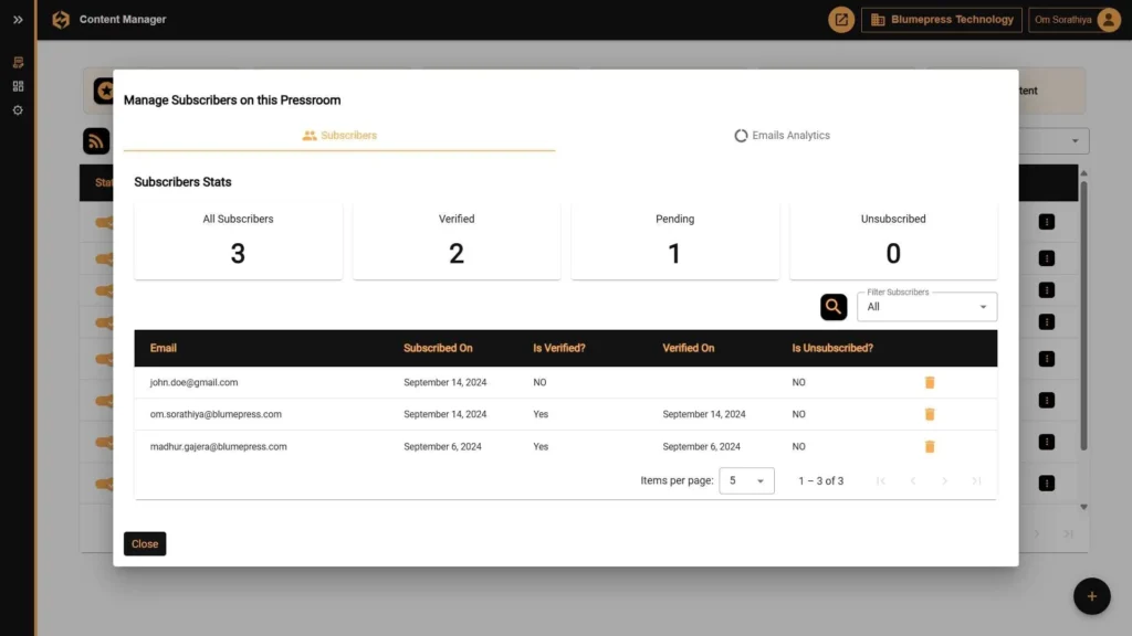 Manage Subscribers On Pressroom Preview
