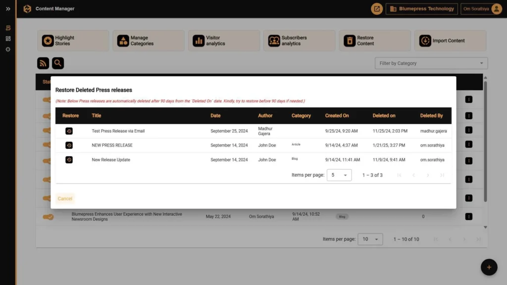 Restored Deleted Press Releases Preview